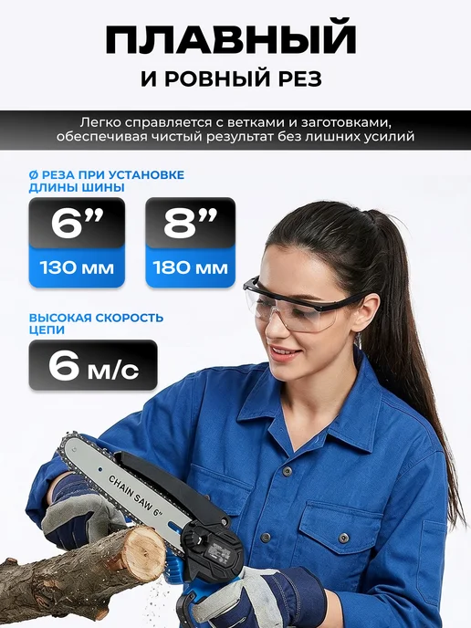 DESOON Пила цепная аккумуляторная садовая 6" и 8", 20В, синий, фото 2