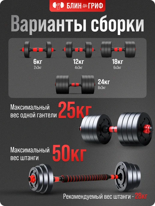 BDGPRO Гантели разборные 50 кг (2х25 кг) со штангой, 2x25, 50 кг, фото 5